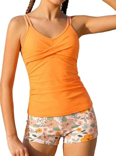 Alakuoti Tween Girls Tankini Swimsuit 2 Piece Bathing Suit Criss Cross Ruched Girl Swimwear with Chest Pad Size 16 Orange Floral