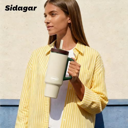 Sidagar Tumbler with Handle,36 oz Ceramic Lined Travel Mug Water Bottle with Straw,Vacuum Insulated Stainless Steel Cup with Lid,Fits Cup Holder, Leak Resistant Press-in Lid,White - Thumbnail 4