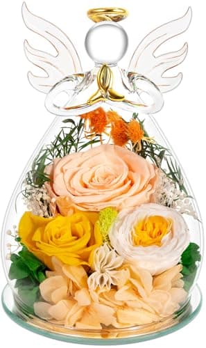 Gifts for Mom, Birthday Flowers for Women Mothers Day Anniversary Preserved Rose Forever Flower in Glass Angel Figurines Fresh Flowers for Delivery, Real Rose for Grandma Her Wife Daughter, Champagne - Image 1