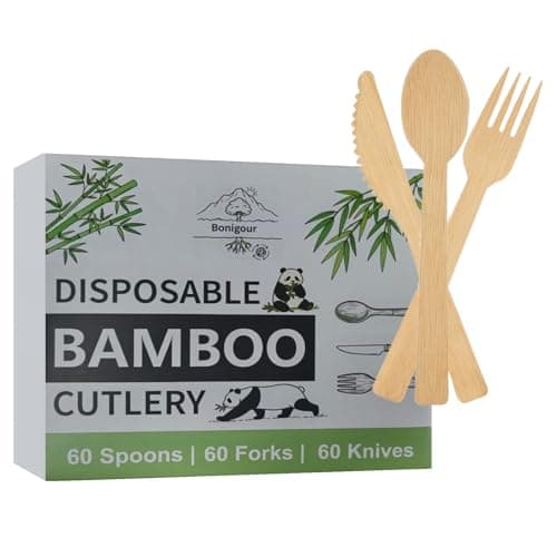 Bonigour Bamboo Cutlery Set | Compostable Utensils for Eating | 180 Pieces Bamboo Disposable Utensil [60 Forks, 60 Spoons, 60 Knives ] | Biodegradable Utensils for Parties (180)