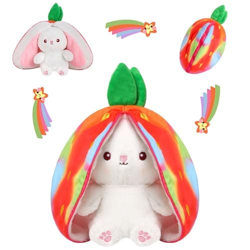 MIAODAM Rainbow Strawberry Bunny Stuffed Animal, Rainbow and Strawberry Bunny Plush Turn Into Rabbit Fruit Doll, Plushie Cute Bunny Toy for Baby (7 inch)