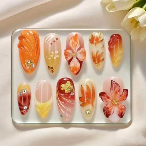 Luxury Fall Press On Nails, Yacey Reusable Almond Fake Nails, French Tip Thick Acrylic False Nails Press Ons with Flower Designs, 3D Artificial Glossy Glue on Nails for Women Girls 30Pcs/15 Sizes