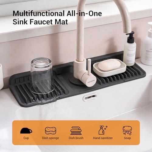 ZJWZLG Faucet Mat for Kitchen Sink, 17.7"X5.5" Silicone Sink Splash Guard , Snap-On Design & 7°slope Fast Drain, Folding Sink Faucet Mat for Universal Kitchen Bathroom Sink(Black) - Thumbnail 2