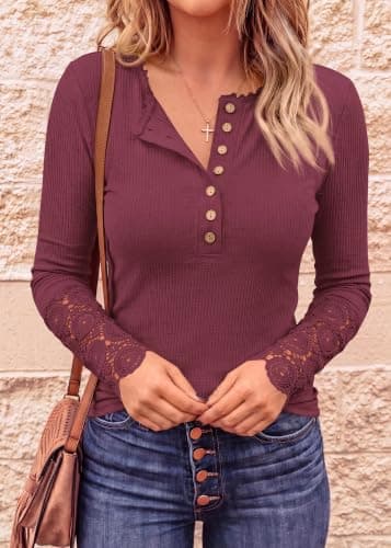 BTFBM Women Long Sleeve Shirts Spring Solid Button Up V Neck Lace Long Sleeves Slim Fit Knit Casual Fall T-Shirts 2026(Wine Red,Small) - Thumbnail 4