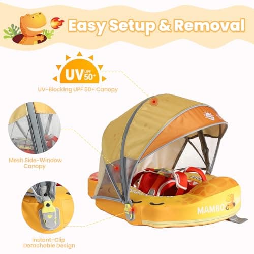 Mambobaby Float Non-Inflatable Baby Float with Canopy Five-Point Safety System 3D Canopy(Detachable) UPF 50+ Infant Pool Floats 3-24 Months Air-Free Pearl-Foam Dual-Mode Toddler Swim Floaties - Thumbnail 3