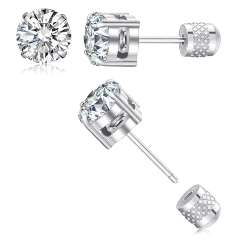 Hypoallergenic Threadless Flat Back Earrings,1 Pairs Cartilage Stud for Women Men Titanium Post 20G None Screw Easy Push in Gold Black Silver Stainless Steel Flatback with CZ 3-8mm (Silver Stud, 6mm) - Image 1