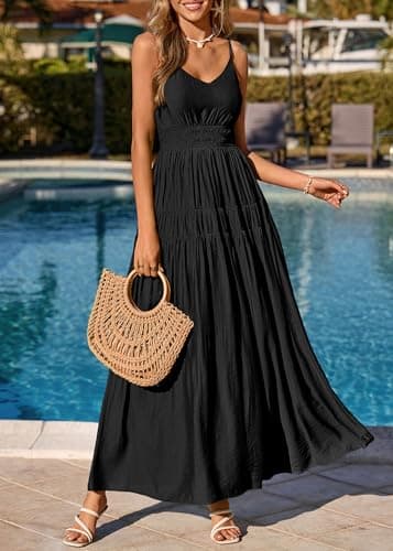 KIRUNDO Maxi Dresses for Women 2026 Summer Sleeveless Spaghetti Strap Long Flowy Beach Vacation Dress Boho A Line Sundress Black - Thumbnail 6