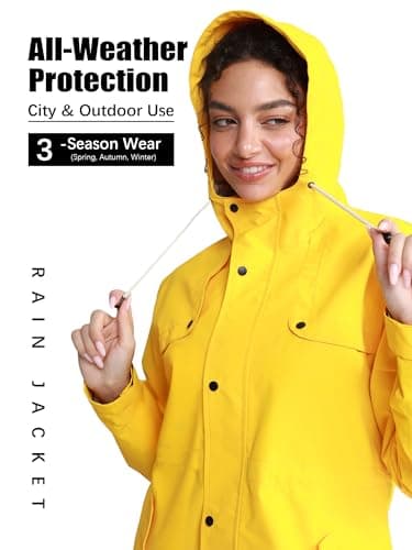 PITINAN Plus Size Lined Rain Jacket Waterproof Trench Coat Women Spring Fall Jackets Cover Hips Anti-Wrinkle Windbreaker Jacket Womens Rain Coat with Hood For Outdoor Activities Yellow XXL - Thumbnail 5