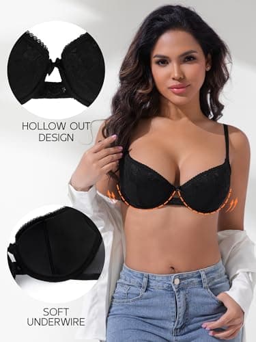 IHOIU Women's Balconette Bra Sexy Lace Bralettes Demi Underwire Low Cut Cotton Everyday Bras Half Cup Lingerie (Black, 32C) - Thumbnail 4