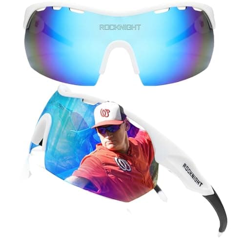 ROCKNIGHT Softabll Sunglasses HD UV Polarized Mirrored Sunglasses Trendy Sun Shades Skin-Friendly TR90 White Frame Blue Lens
