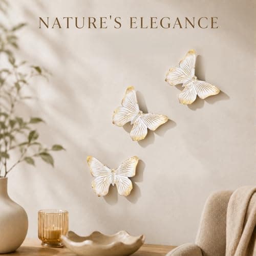 GUSFREUD 3D Butterfly Wall Decor Set – Resin Wall Decorations for Living Room, Bedroom, Garden, Yard, Outdoor and Gallery Walls - Ivory Gold - Set of 3 - Thumbnail 2