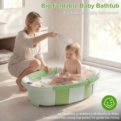 Collapsible Baby Bathtub - Large Baby Bath Tub with Thermometer | Bath Essential Bañera para Bebe Easy Fold Baby Tub | Travel Infant Newborn Toddler Bathtub for Baby Girl Boy 0 to 36 Months(Green) - Thumbnail 2