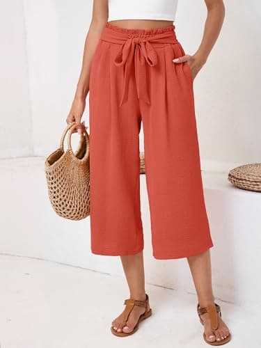 Moodclo Women's Capri Pants Coral Small Casual Palazzo Trousers with Pockets Loose High Waisted Wide Leg Lounge Pants - Thumbnail 2