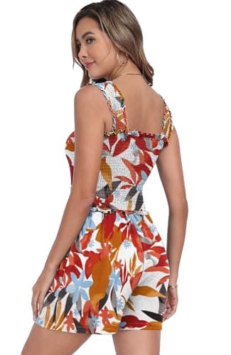 QIXING Womens Rompers for Summer Short Overalls Jumpsuits for Women Casual Loose Fit Wide Leg One Piece Sleeveless Jumpsuit Printed Short Pant Rompers Vacation Clothes with Pockets FP-White Maple-S - Thumbnail 4