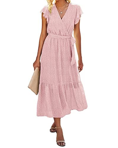 BTFBM Women Summer Bohemian Floral Casual Wrap V Neck Ruffle Cap Sleeveless Belt A-Line Pleated Hem Swing Midi Sun Dress (Pink, l) - Image 1