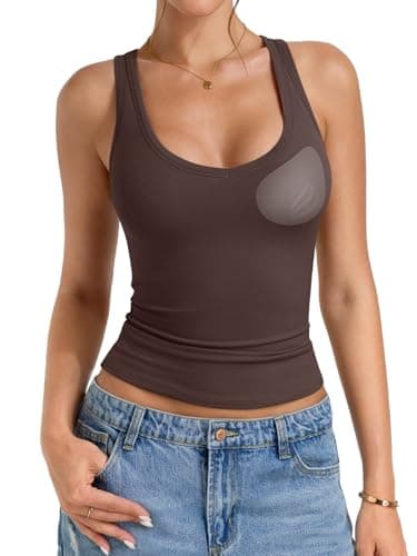 PINKMSTYLE Womens Tank Tops Fitted Double Lined with Built in Bras Sleeveless Top Trendy Concert Outfits 2026 Coffee - Image 1