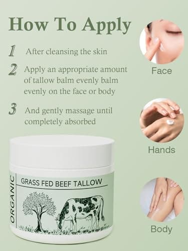 Beef Tallow, Tallow Face Moisturizer, Beef Tallow for Skin, Unscented 100% Organic Beef Tallow Blam Grass Fed Finished Whipped Tallow Face Cream Moisturizer Body Lotion Skin Care for Sensitive Skin - Thumbnail 5