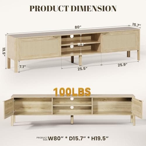 IKALIFE Rattan TV Stand for Living Room - Fits up to 85 Inch TVs, Rattan Media Console Table with Adjustable Shelves & 2 Storage Cabinets, Mid-Century Modern Entertainment Center, Oak 80" - Thumbnail 2