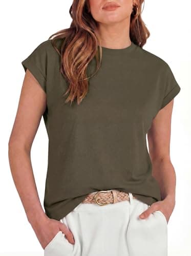 GRECERELLE Women 2026 Cap Sleeve Tops Summer Casual Tee Shirt Loose Crew Neck Basic Tank Top Trendy Clothes, Army Green, M - Image 1