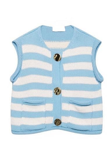 Fmkagva Womens Striped Knitted Vests Top Cropped Sweater Vest Button Down Sleeveless Cardigans with Pockets (US, Alpha, Medium, Regular, Regular, Blue) - Image 1
