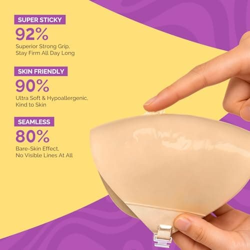 VogaChic Invisible Sticky Bra Push Up, Reusable Adhesive Bra for Backless Dress, Seamless Silicone Nipple Covers for Women's Exotic Bustiers & Corsets (C Cup, Beige, 2PCS) - Thumbnail 4