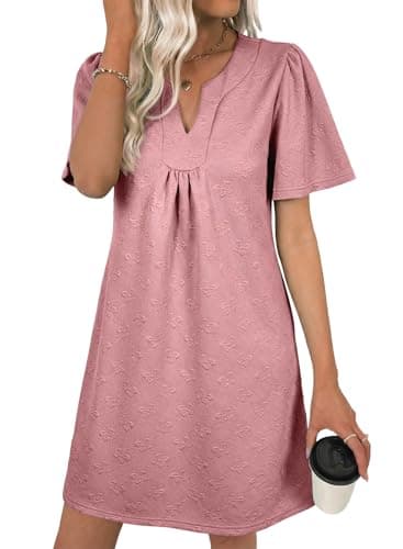 BLENCOT Womens Casual Loose Swing Dress Notched V Neck Short Sleeve Embossed Textured Summer Mini Dress with Pockets Dusty Pink L - Image 1