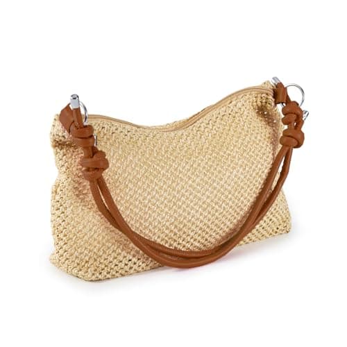 EONTISO Woven Straw Tote Bag, No Lining, PU Rope Handles, Summer Beach Hobo Shoulder Handbag (Brown) - Image 1