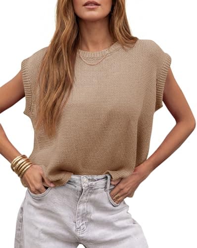 Saodimallsu Womens 2026 Summer Sleeveless Tank Tops Cap Sleeve Crew Neck Loose Casual Knit Pullover Sweater Vest Z-Khaki - Image 1