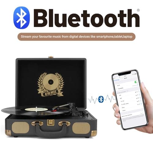 Vinyl Record Player Bluetooth Turntable 3-Speed Suitcase Portable Vintage Belt-Driven Record Player with Built-in Speakers RCA Line Out AUX in Headphone Jack LP Recording to Convert Records to MP3 - Thumbnail 2