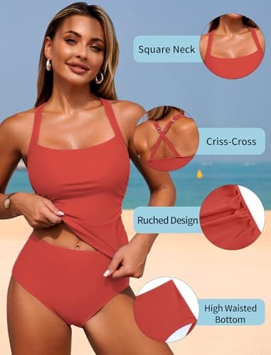 ZAFUL Swim Suit for Women 2025 Two Piece Swimsuit Womens Tankini Bathing Suits Tummy Control High Waist Swimwear for Women Coral Pink S - Thumbnail 4
