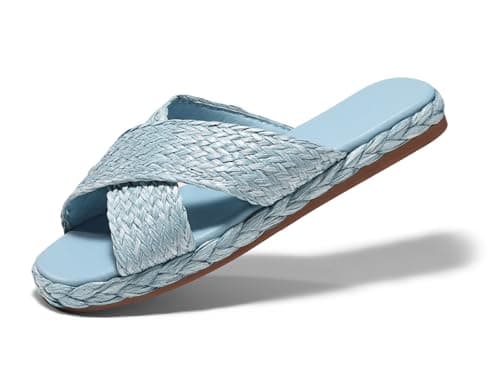 Coutgo Womens Flat Sandals Espadrilles Raffia Open Toe Slides Cross Strap Slip On Summer Dressy Beach Shoes,Size Fits Large - Image 1
