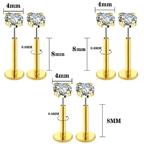 COTATI 20G Flat Back Earrings Stud Threadless Tragus Cartilage Lip Medusa Piercing Jewelry Hypoallergenic (Gold,20G 4/4/4mm CZ) - Thumbnail 4