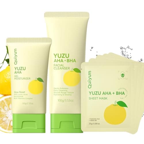 QUIYUM Yuzu AHA BHA Skincare Set for Teens & Young Women - 3.53oz Foaming Cleanser + 5 PCS Exfoliating Sheet Masks + 2.12oz Hydrating Gel Moisturizer | Gentle Exfoliation, Oil Control & Glowing Skin - Image 1