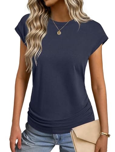 GKBK Womens Summer Tops Ruched Cap Short Sleeve Tshirts Business Fashion Trendy Clothes Outfits Navy Blue XL - Image 1