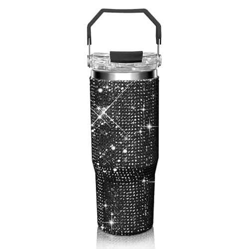 30oz Bling Rhinestone Studded Tumbler with Top Handle, Bling Cups Stainless Steel Water Bottle Diamond Glitter Tumbler for Women - Birthday Gifts for Women, Mom,Get Well Soon Gifts (Black) - Image 1
