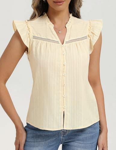 Belle Poque Women's Ruffle Short Sleeve Cotton Shirts V Neck Button Down Lace Crochet Blouses Spring Summer Dressy Casual Tops 2026 Apricot L - Thumbnail 3