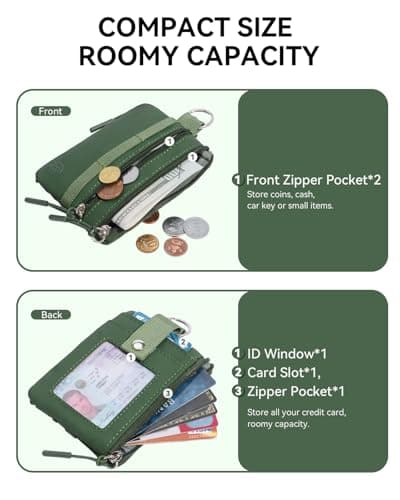 BOSTANTEN Small Wallet RFID, Minimalist Zip ID Case Wallet with Lanyard Keychain, Water Resistant Card Wallets for women & Men, Green - Thumbnail 3
