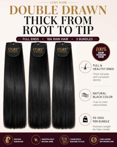 CGRY 18A Raw Indian Straight Human Hair 3 Bundles, Premium 100% Unprocessed Virgin Hair Extensions, Thick Full Ends, Natural Black Silky Soft, Luxury Reusable 28 30 32 Inch - Thumbnail 2