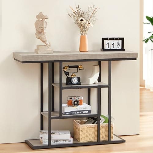HABUTWAY 42" Industrial Console Table, Narrow 4-Tier Wood Entryway Table for Living Room, Accent Tables Living Room, Hallway Table, Sofa Table for Front Door, Hallway, Foyer, Rustic Grey - Thumbnail 3