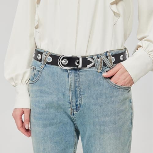EONTISO Women Studded Leather Belt for Jeans, Punk Silver Grommets, Western Silver Buckle Black S - Thumbnail 3