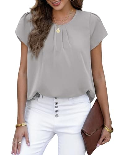 PRETTYGARDEN Women's Tops 2026 Casual Summer Round Neck Short Sleeve Basic Pleated Loose Fit Blouses Plain Tunic Shirts(Grey,Medium) - Thumbnail 3