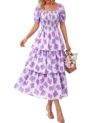 BTFBM Womens Square Neck Smocked Dress Summer Puff Short Sleeve Floral Casual Ruffle Tiered Maxi Wedding Guest Dresses(Floral Purple, Small) - Image 1