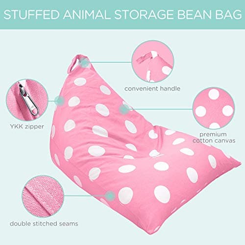 Aubliss Stuffed Animal Storage Bean Bag Chairs Cover, 50"x 35" Extra Large Bean Bags Chair for Kids & Adults, Beanbag Toy Storage for Boys Girls - Premium Cotton Canvas Pink Dot - Thumbnail 3