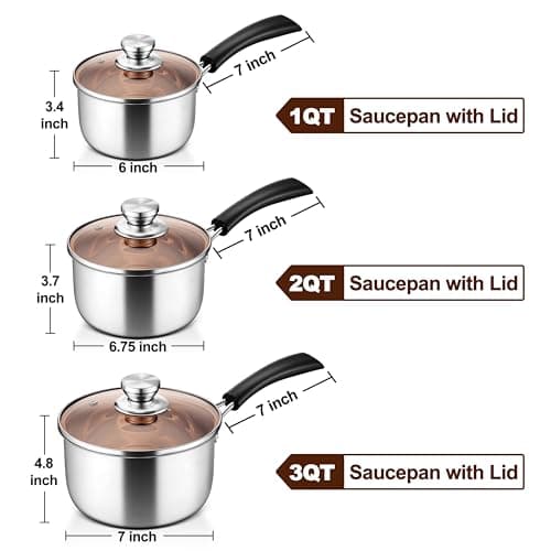 LIANYU 1QT & 2QT & 3QT Saucepan Set with Lids, 18/10 Stainless Steel Sauce Pan Cookware Sets, Kitchen Cooking Small Pots with Long Heatproof Handle, Easy Clean & Dishwasher Safe - Thumbnail 2
