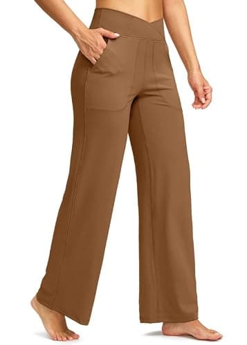 Soothfeel Wide Leg Pants Woman Yoga Pants with Pockets Crosscover High Waist Stretch Work Lounge Casual Dress Sweatpants Light Brown - Image 1