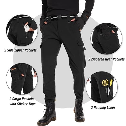 Hiking Snow Pants for Men - Fleece Lined Windproof Warm Cargo Pants Black - Thumbnail 3