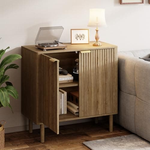 IKALIFE Sideboard Buffet Cabinet with Storage, Modern Fluted Accent Credenza with Doors & Adjustable Shelves, Wood Coffee Bar Console Table for Living Room, Dining Room, Kitchen or Entryway 31.5" Oak - Thumbnail 6