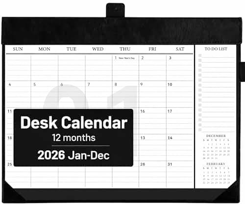 Bibiage Desk Calendar 2026 Jan to Dec with Plastic Cover, Large Desktop Calendar 12"x17" with to-do List, Wall Calendar Leather Hard Back, Large Ruled Block, Monthly Flip, Desk Decor, Office Supplies, Black