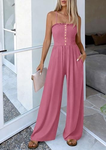 PRETTYGARDEN Jumpsuits for Women Dressy 2026 Summer Sleeveless Casual Wide Leg Rompers Spring Cruise Vacation Outfits (Pink,Small) - Thumbnail 4
