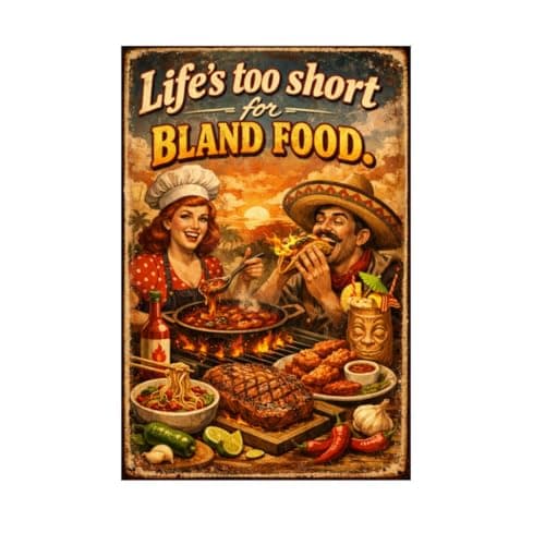 Life’s Too Short For Bland Food Vintage Tin Sign Spicy Kitchen Wall Decor Metal Plaque Retro Cooking Art Hot Sauce Grill Restaurant Cafe 8x12 Inch Pre Drilled Holes - Image 1
